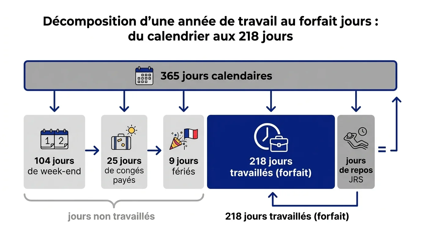 Decomposition d'une annee de travail au forfait jours : du calendrier aux 218 jours