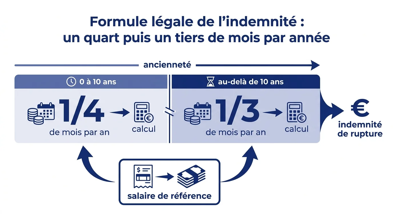 Formule legale de l'indemnite : un quart puis un tiers de mois par annee