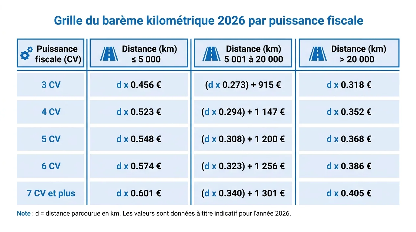 Grille du barème kilométrique 2026 par puissance fiscale