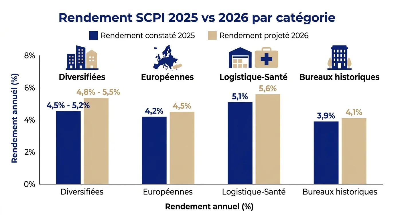 Rendement SCPI 2025 vs 2026 par catégorie