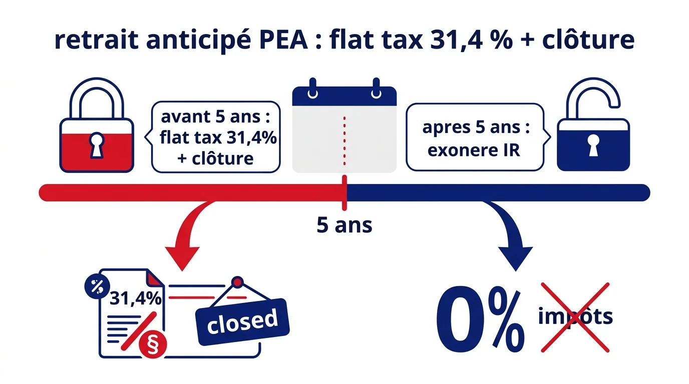 Retrait anticipé PEA : flat tax 31,4 % + clôture