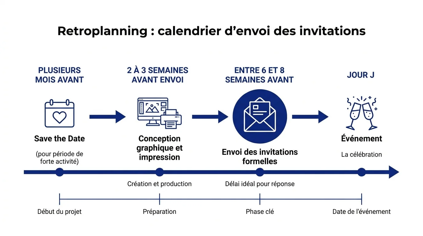 Retroplanning : calendrier d'envoi des invitations 6 a 8 semaines avant