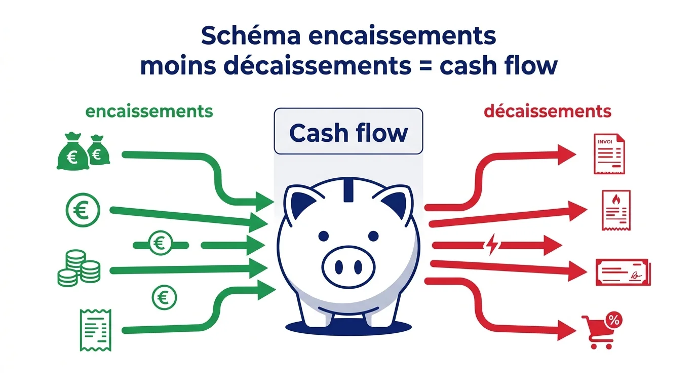 Schéma encaissements moins décaissements = cash flow