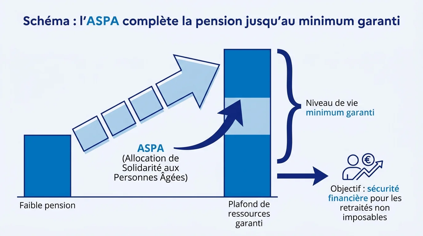 Schéma : l'ASPA complète la pension jusqu'au minimum garanti