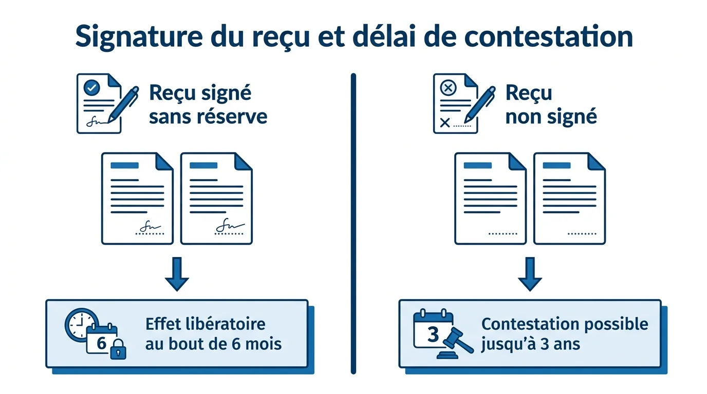 Signature du reçu et délai de contestation