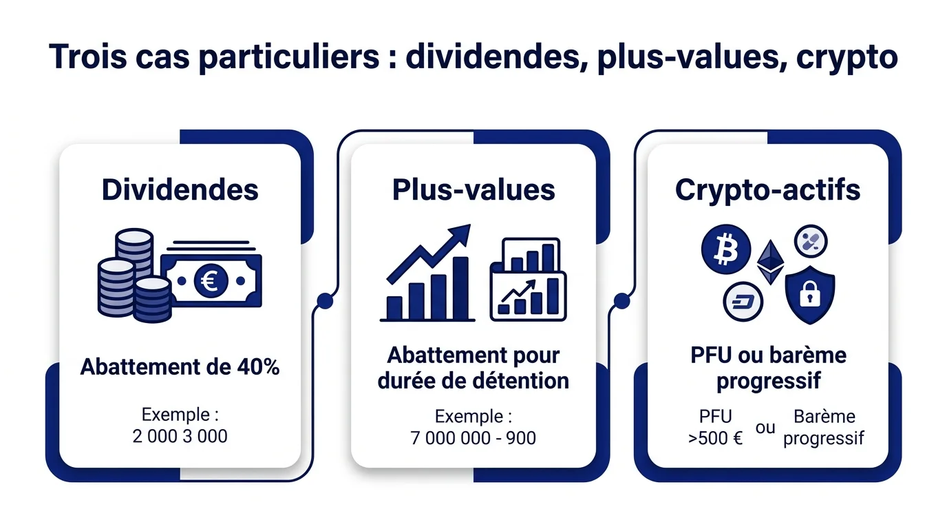 Trois cas particuliers : dividendes, plus-values, crypto