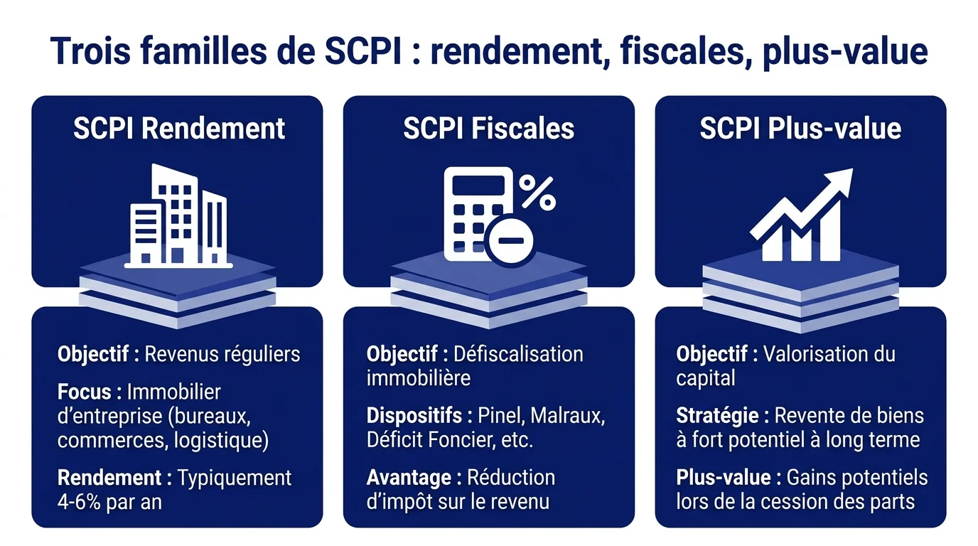 Trois familles de SCPI : rendement, fiscales, plus-value