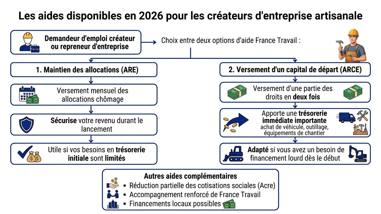 Schéma des sources de financement possibles incluant l'ACRE, les aides France Travail et les subventions régionales.