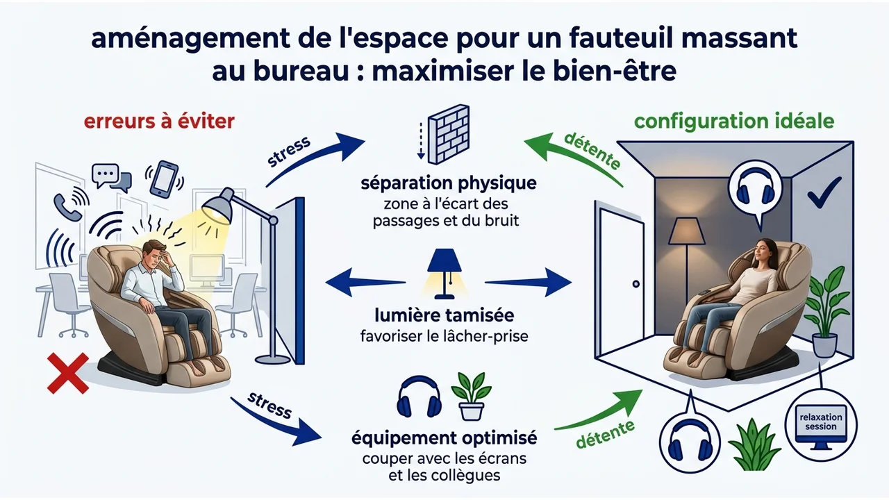 Diagramme vue du dessus d'un espace de repos avec fauteuil massant, plantes vertes et isolation phonique.