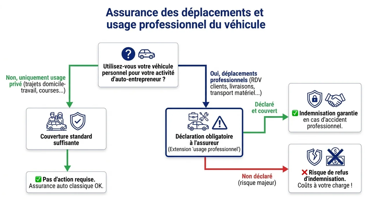 Organigramme de décision partant de la question 'Utilisez-vous votre véhicule pour le travail ?' avec branches menant à différents scénarios (déplacements quotidiens, livraisons, transport matériel) et recommandations d'assurance adaptée