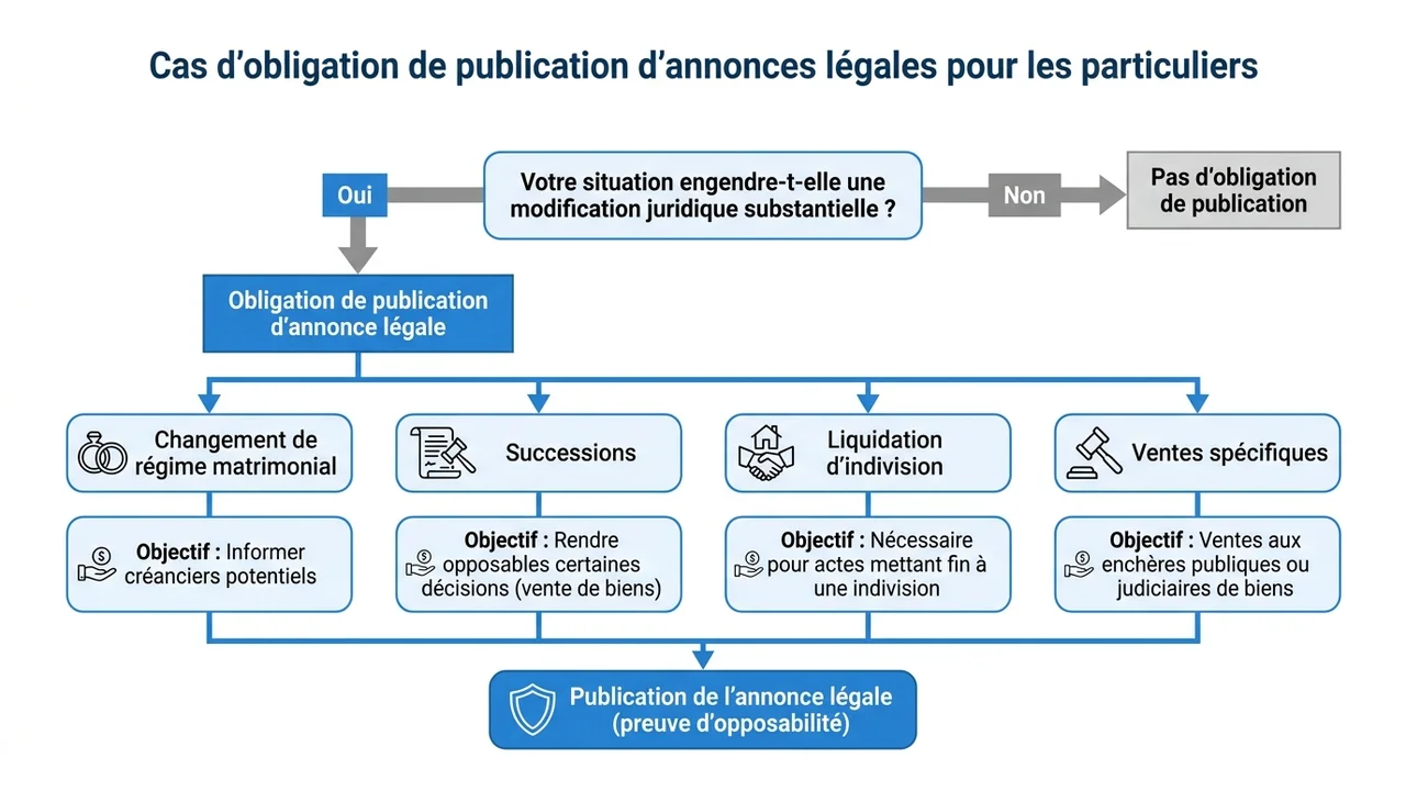Arbre de décision montrant les situations obligeant les particuliers à publier une annonce légale (changement de régime matrimonial, successions, liquidation d'indivision, ventes spécifiques)