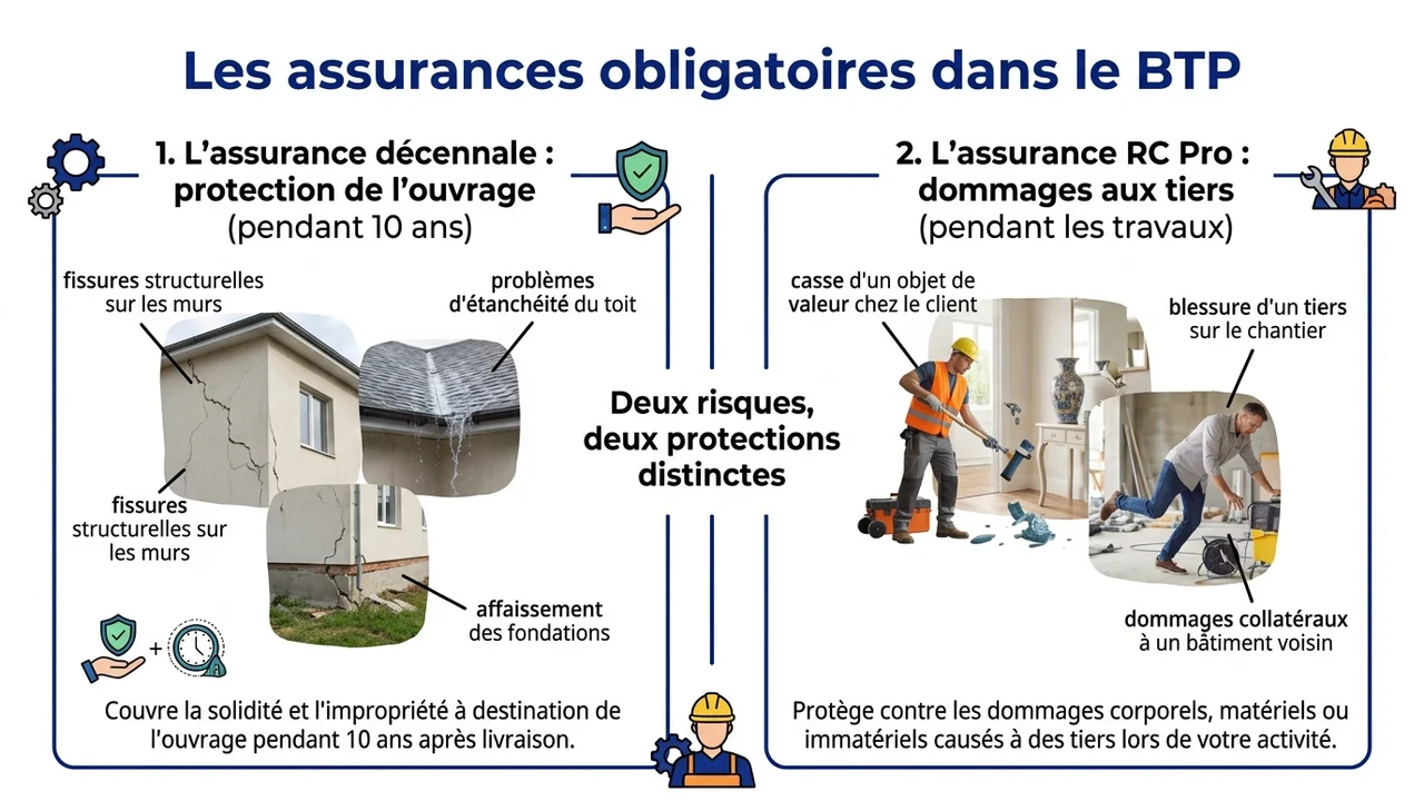 Diagramme distinguant l'Assurance Décennale pour la structure et la Responsabilité Civile Professionnelle pour les dommages tiers.