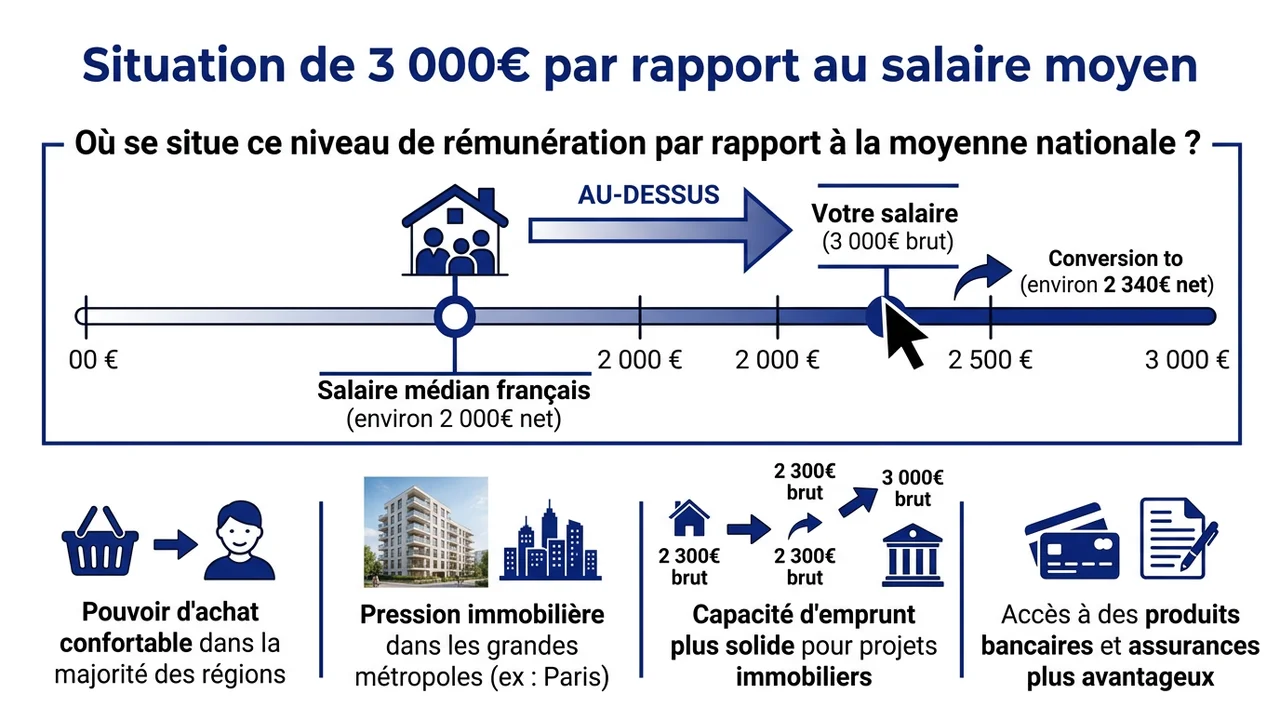 Jauge de positionnement situant 3000€ brut au-dessus du salaire médian en France.