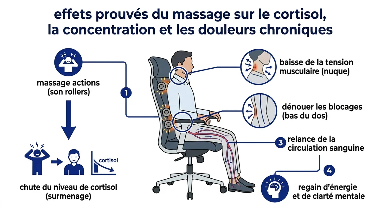 Schéma anatomique montrant les zones de tension ciblées par le fauteuil et la baisse du taux de cortisol.
