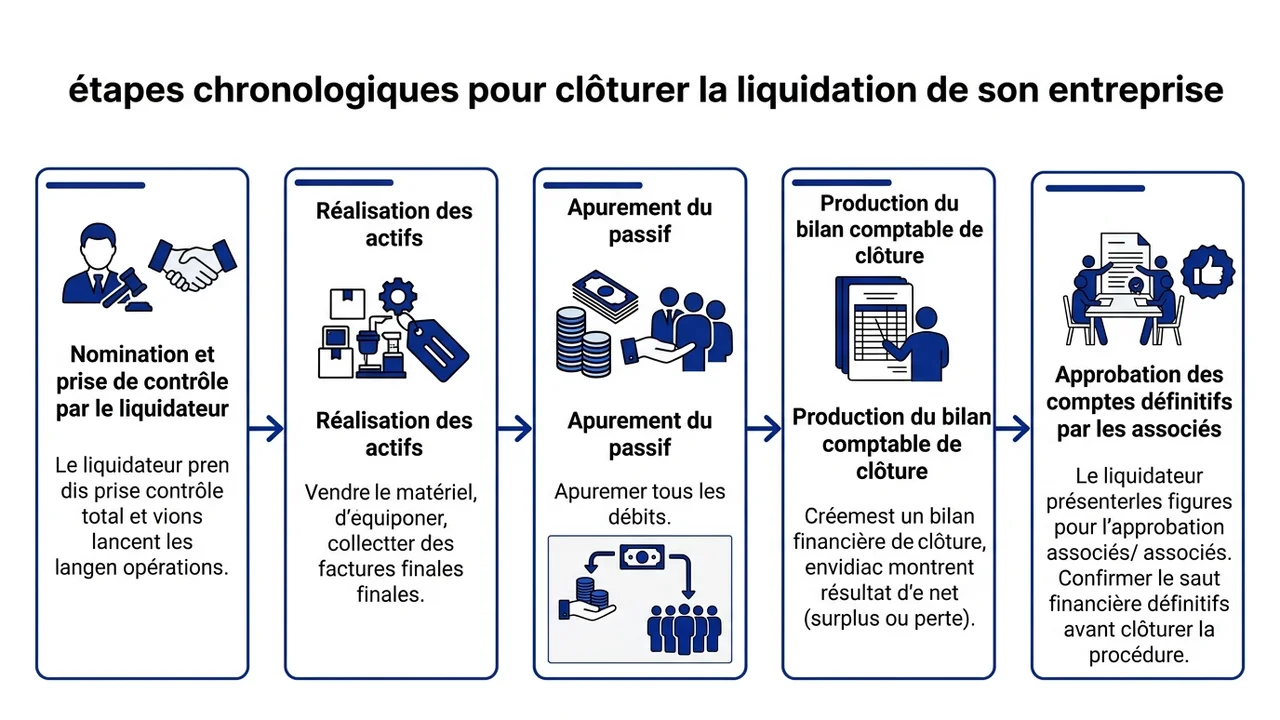 Schéma linéaire des 5 étapes : approbation des comptes, vote en AG, enregistrement fiscal, publicité légale et dépôt à l'INPI.