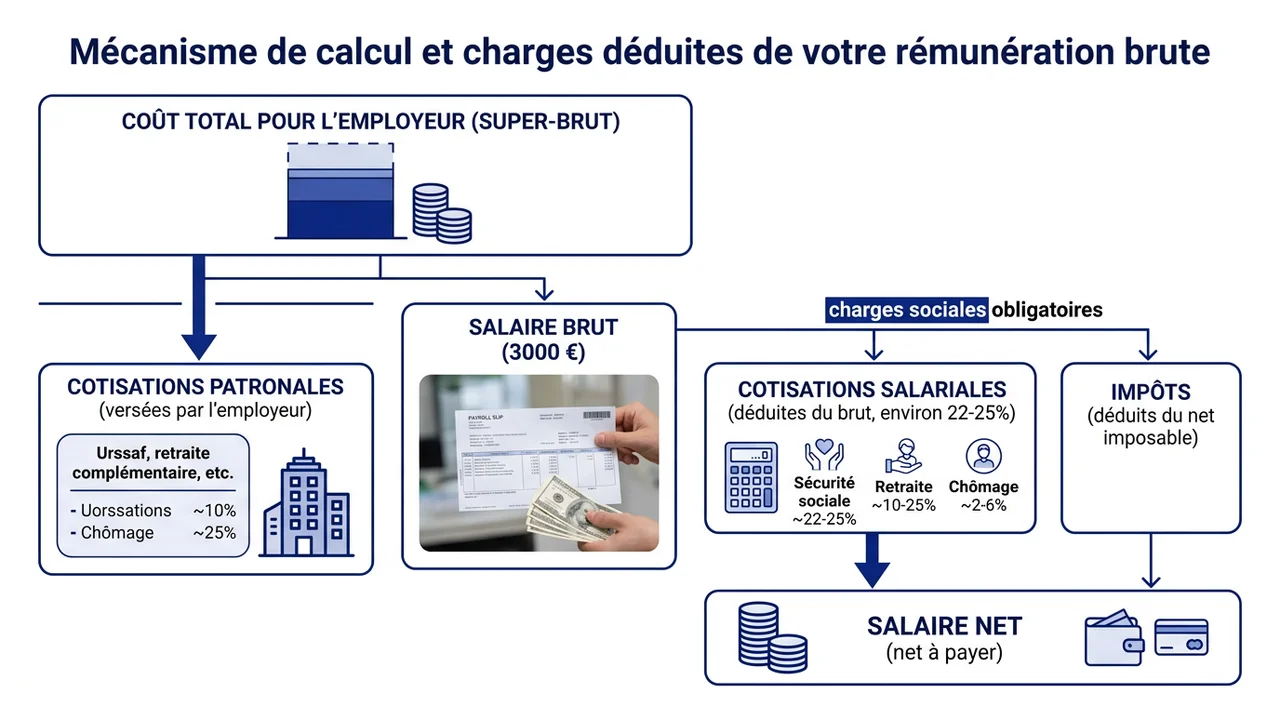Schéma en cascade montrant la décomposition du coût employeur vers le salaire net.