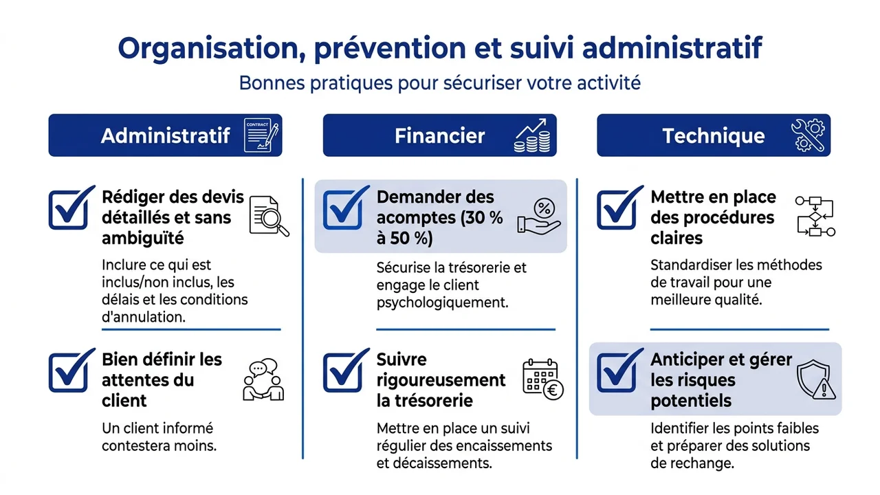 Liste à cocher avec 6-8 points de vérification : devis détaillés, acomptes, documentation cliente, mise à jour contrats, suivi trésorerie, sauvegarde données, etc.