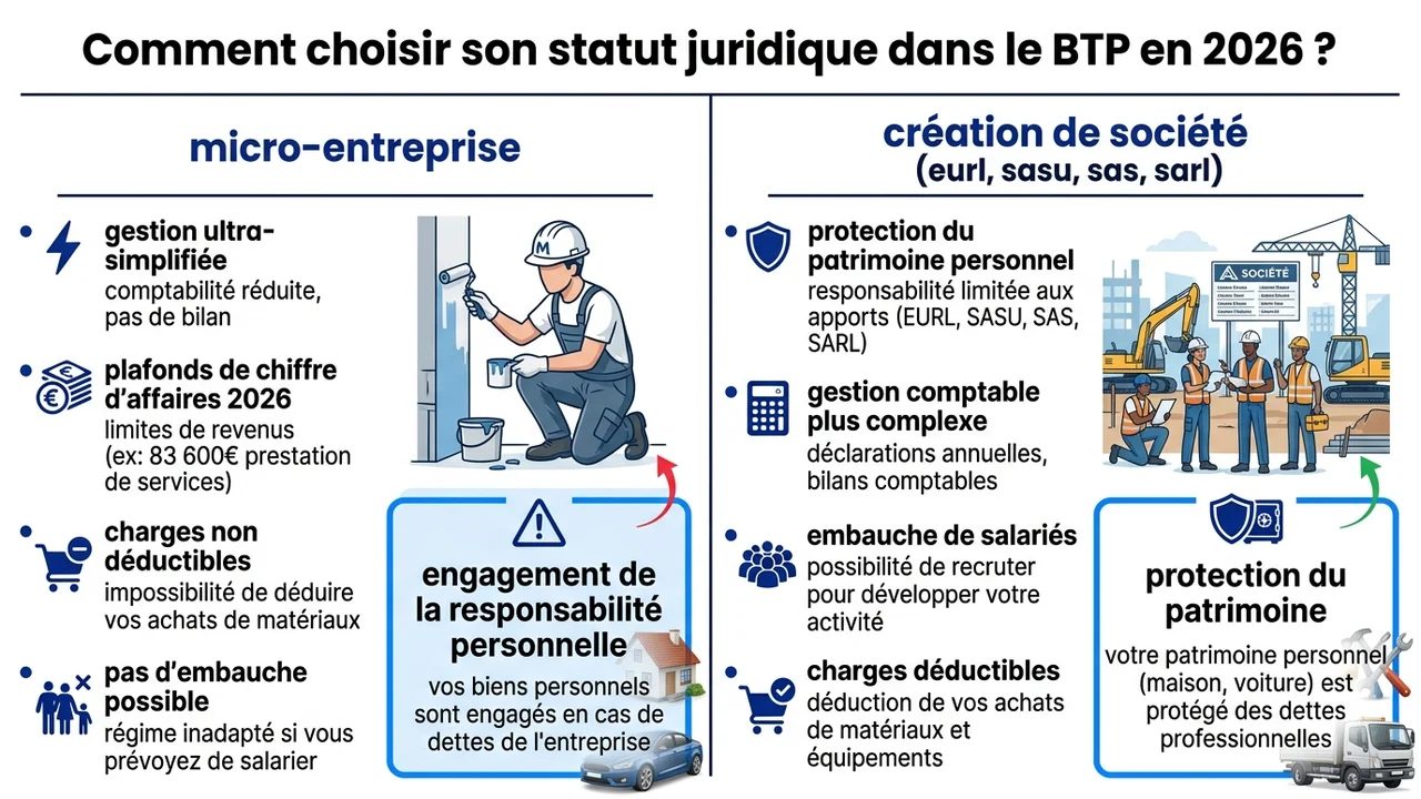 Tableau comparatif illustré entre micro-entreprise, EI, EURL et SASU selon la protection du patrimoine et la déduction des charges.