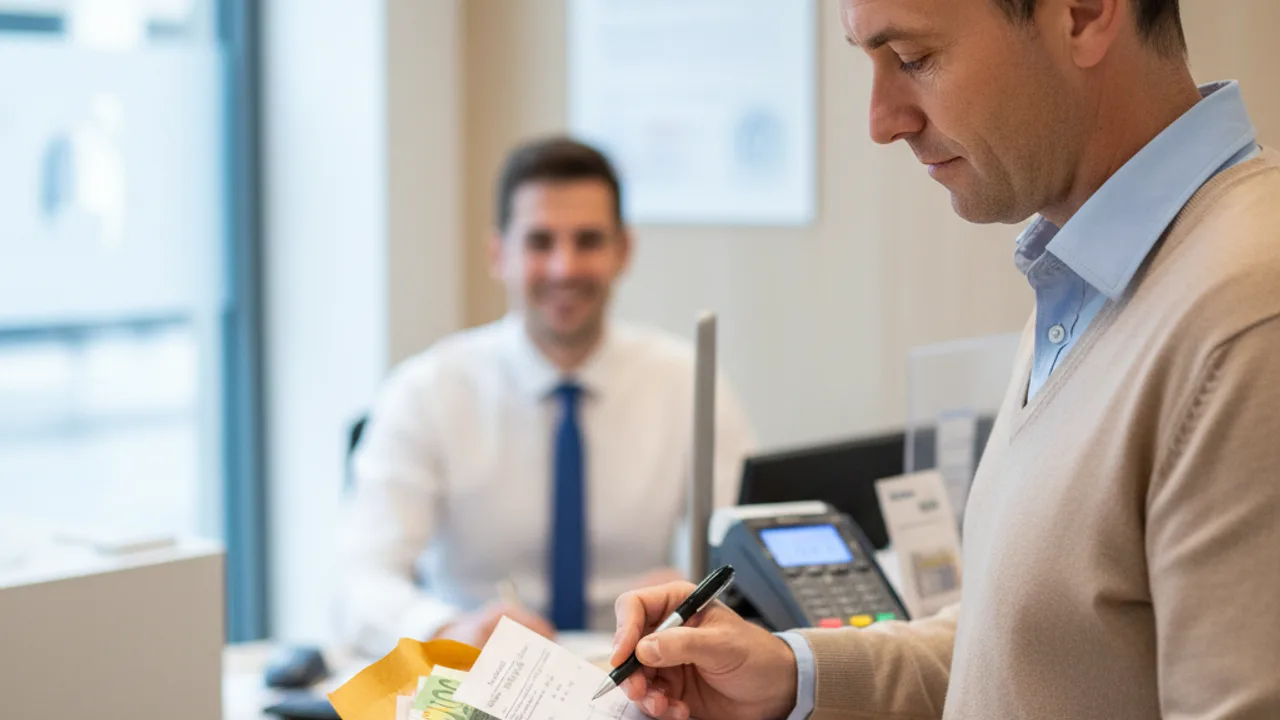 Client préparant son bordereau de versement en agence bancaire