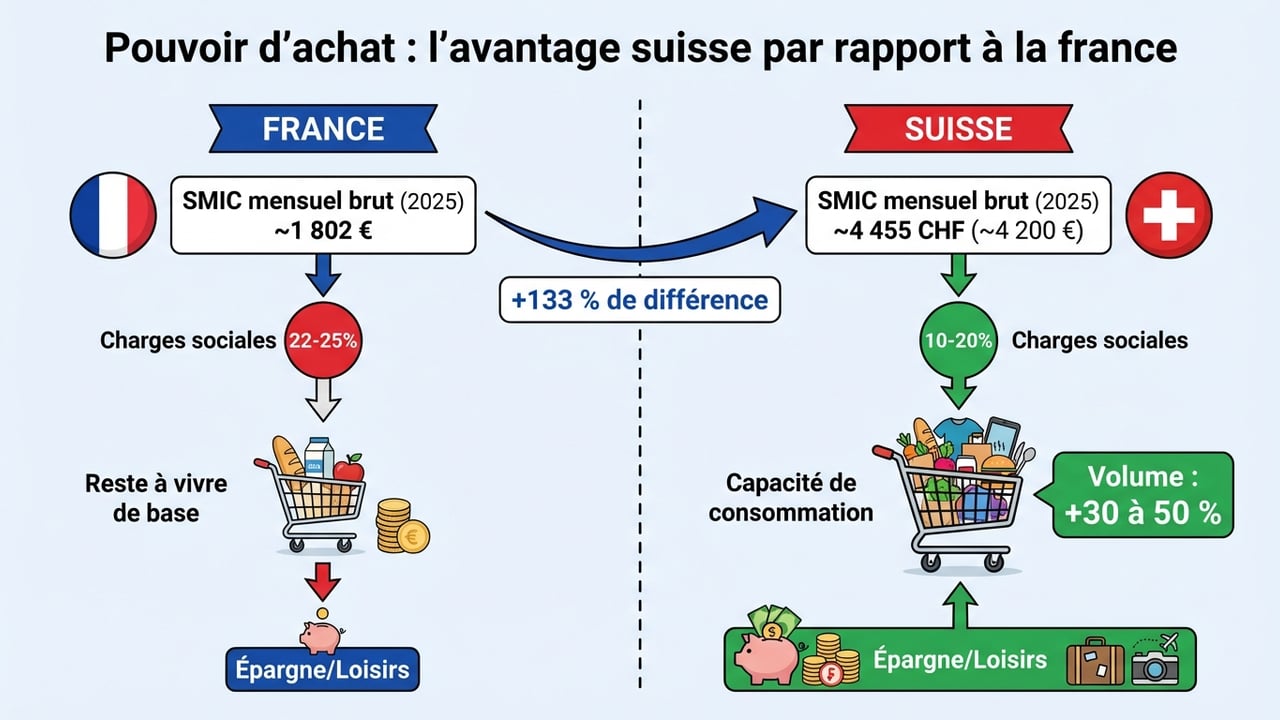 Infographie comparant le salaire brut, les charges sociales réduites en Suisse et le gain final de pouvoir d'achat malgré le coût de la vie.