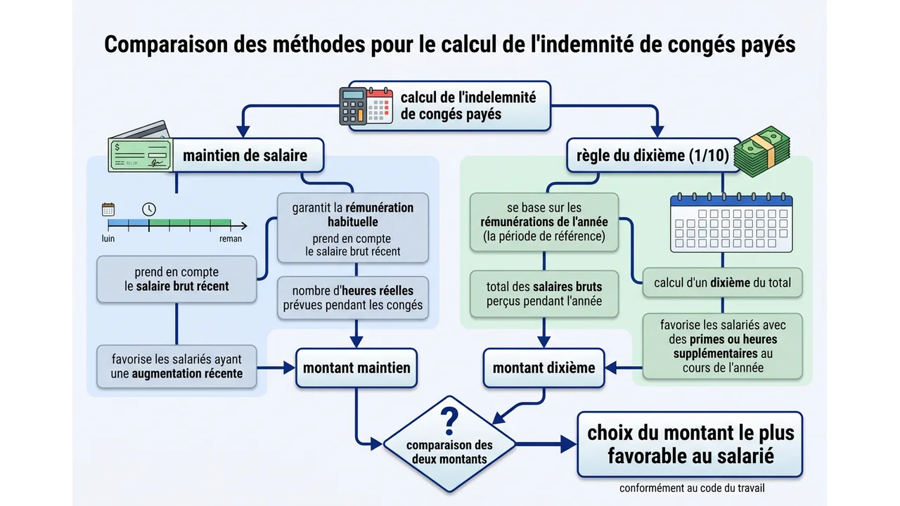 Diagramme de décision montrant le calcul parallèle du maintien de salaire et de la règle du dixième pour retenir le montant le plus élevé.