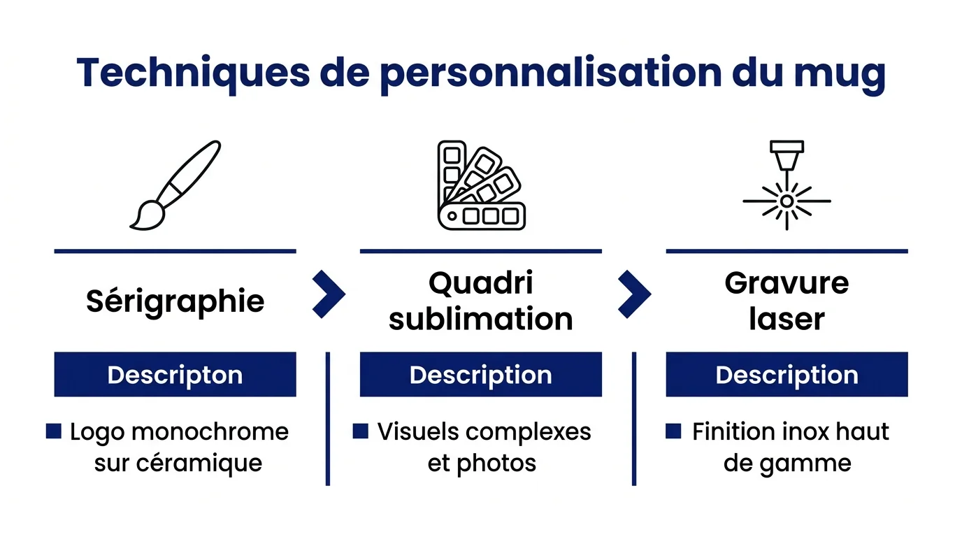 Comparatif visuel des techniques d'impression pour mug publicitaire