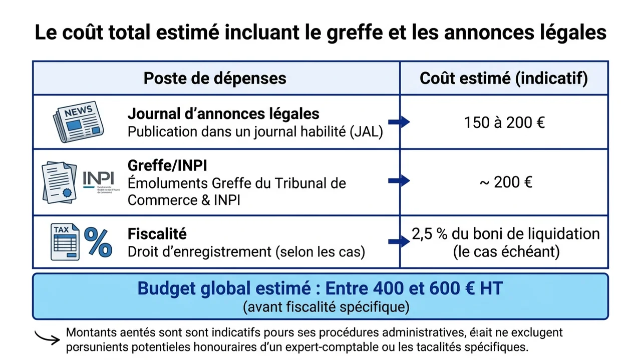 Tableau récapitulatif des frais administratifs incompressibles incluant les annonces légales, le greffe et l'INPI.