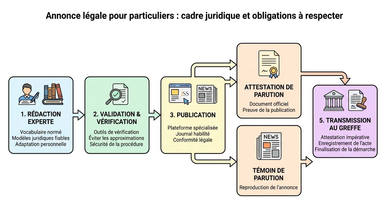 Diagramme de flux montrant les étapes de publication : rédaction de l'annonce, transmission au SHAL, parution, réception de l'attestation et du témoin de parution, transmission au Greffe