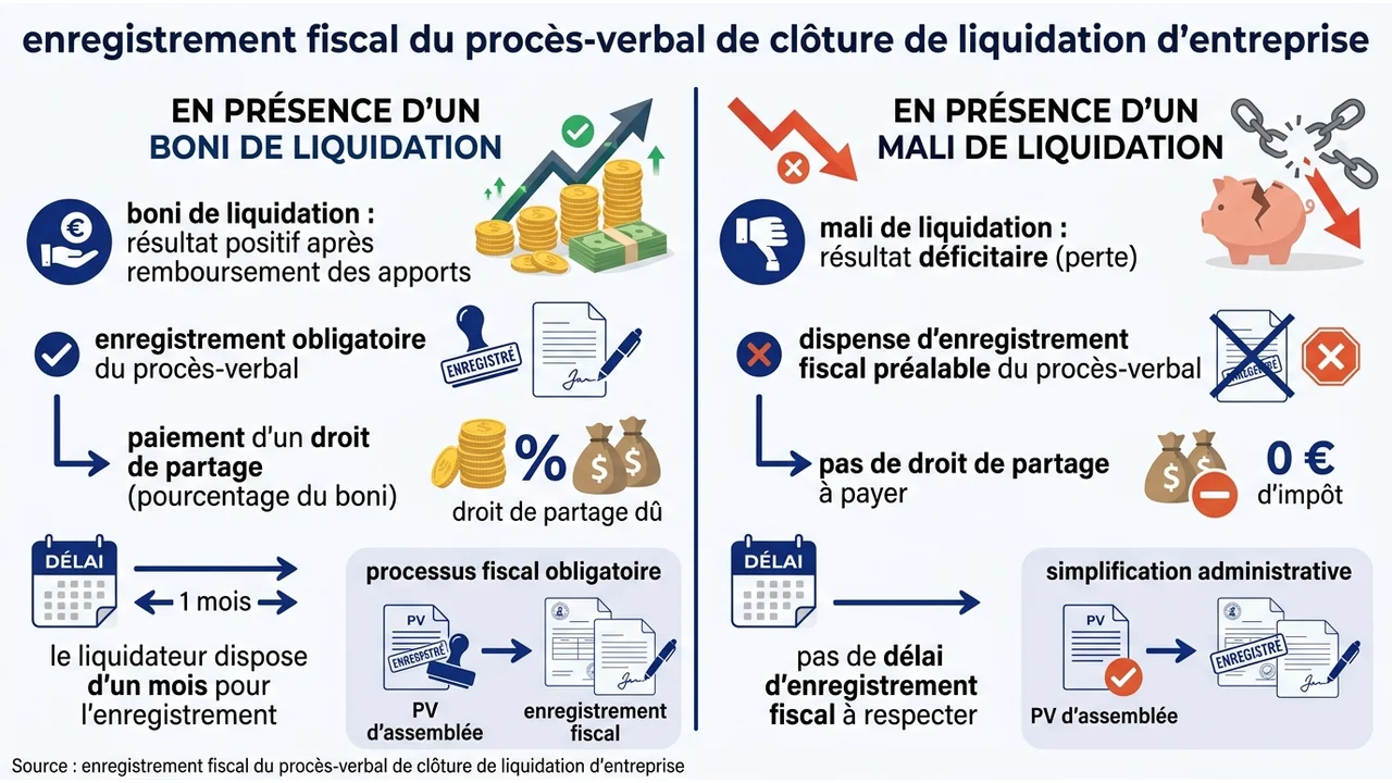 Tableau comparatif montrant les différences de formalités et d'enregistrement aux impôts selon que la société dégage un boni ou un mali.
