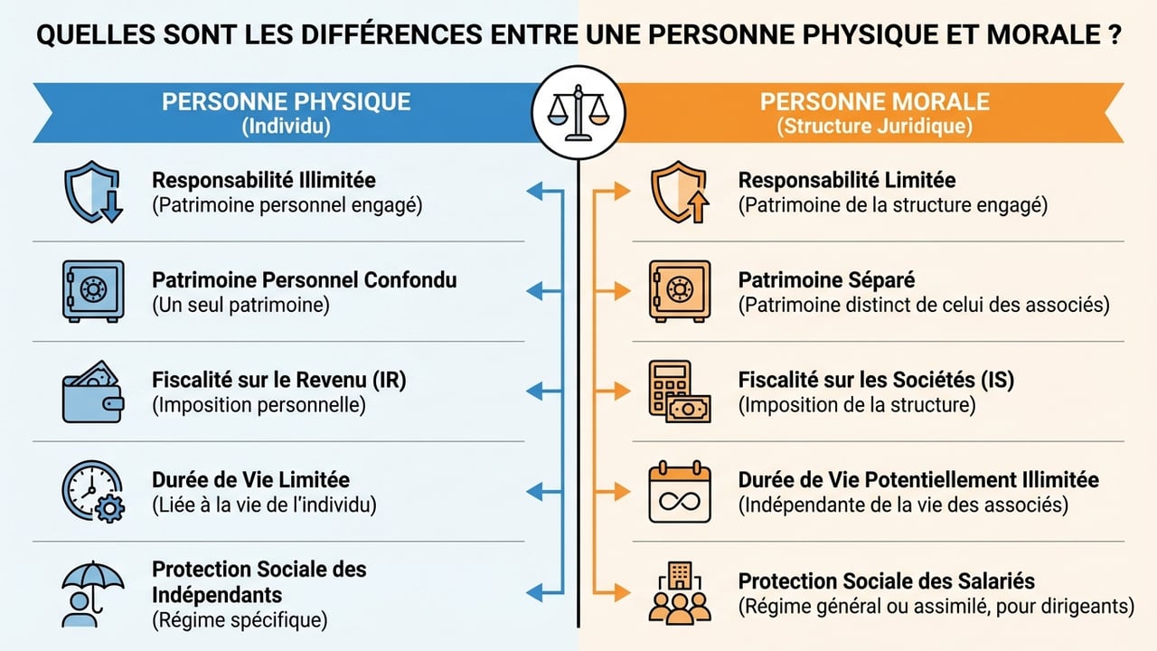 Infographie synthétique comparant la personne physique et la personne morale sur 7 points clés : identité, patrimoine, responsabilité, fiscalité, durée de vie, formalités et formes juridiques.