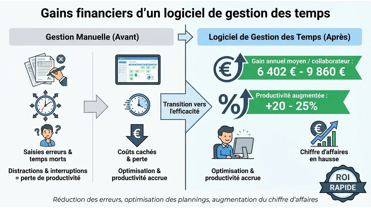 Tableau comparatif montrant un gain de productivité de 20% et des économies allant jusqu'à 9860 euros par collaborateur.
