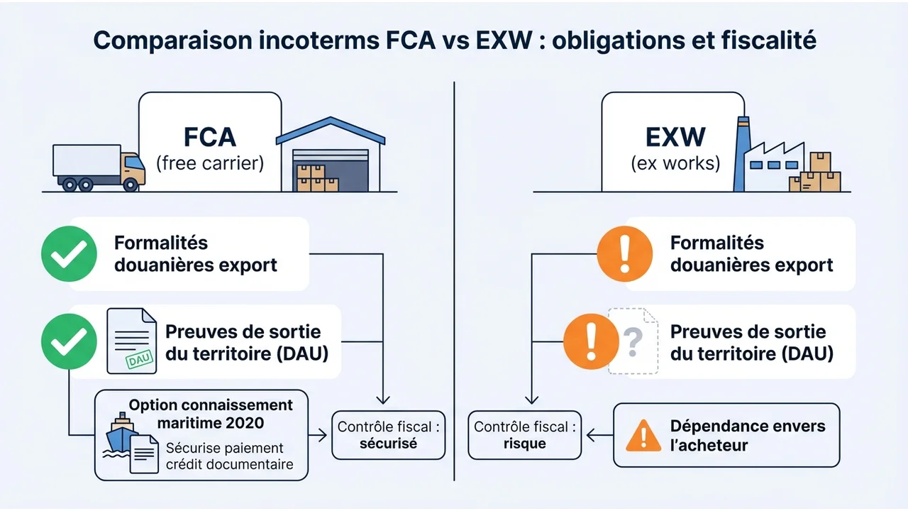 Tableau comparatif visuel soulignant la gestion des douanes export et l'obtention des justificatifs de TVA entre FCA et EXW.