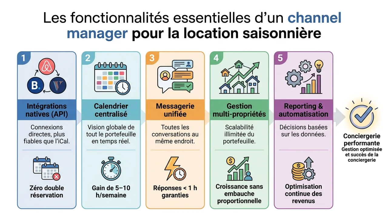 Infographie en pyramide ou architecture montrant les 5 fonctionnalités clés : intégrations natives (base), calendrier centralisé, messagerie unifiée, gestion multi-propriétés, et reporting & automatisation avancée (sommet). Chaque niveau indique son impact opérationnel.