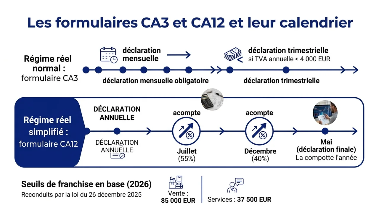 Infographie chronologique montrant les étapes du formulaire CA12 : acompte de 55% en juillet, 40% en décembre et régularisation annuelle.
