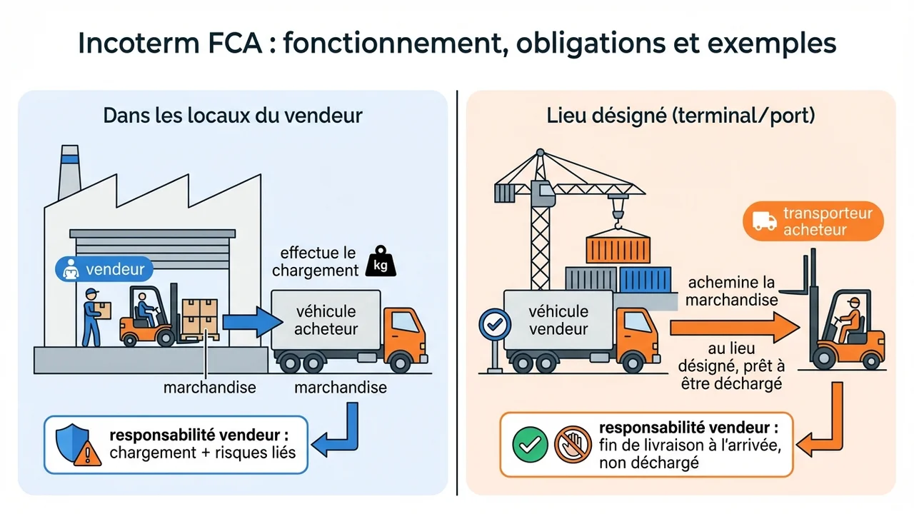 Infographie comparative illustrant la livraison FCA dans les locaux du vendeur (avec chargement) versus dans un lieu externe (prêt au déchargement).