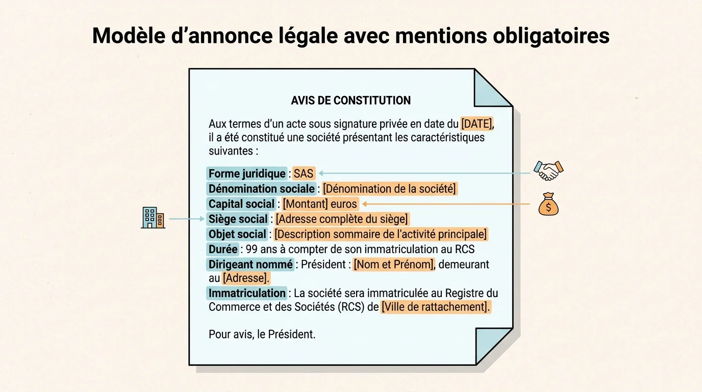 Modèle d'annonce légale avec mentions obligatoires