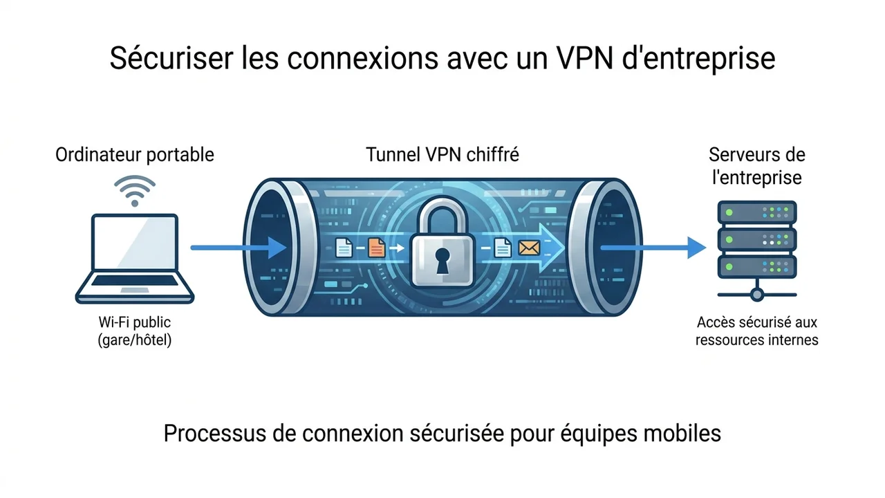 Schéma technique montrant le flux de données sécurisé entre un commercial en déplacement et les serveurs de l'entreprise via un tunnel chiffré.