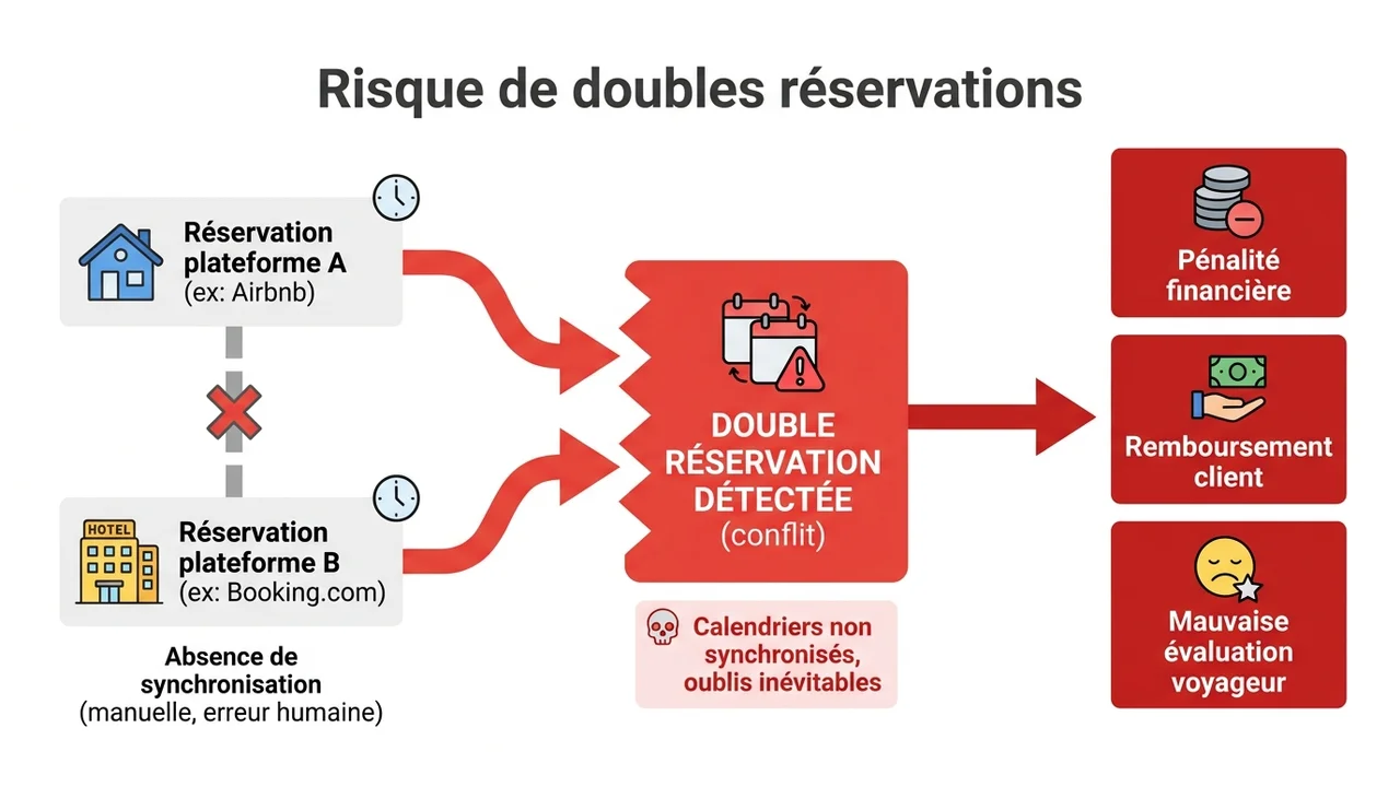 Diagramme de flux montrant comment une réservation simultanée sur deux plateformes non synchronisées crée un conflit : réservation Airbnb → calendrier non mis à jour → nouvelle réservation Booking.com → conflit détecté