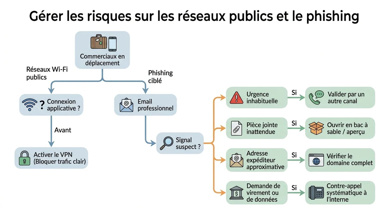 Arbre de décision pour aider le commercial à réagir face à un email urgent, une pièce jointe inattendue ou une demande de virement.