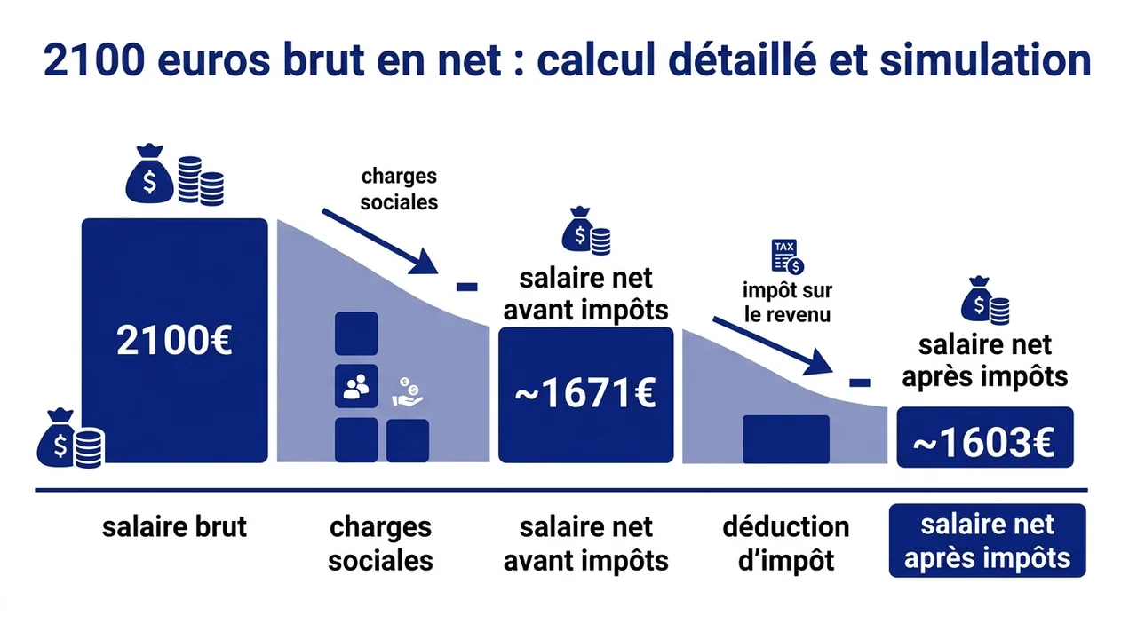 Infographie montrant le passage du salaire brut au net pour 2100 euros : prélèvements sociaux et impôt à la source.