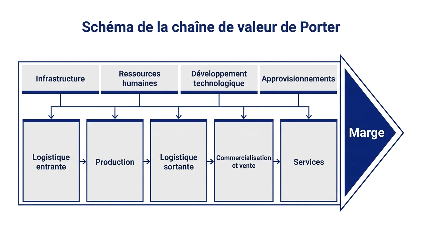 Schéma de la chaîne de valeur de Porter : activités principales, activités de soutien et marge