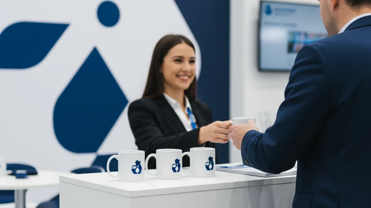 Stand de salon professionnel proposant des mugs personnalisés aux visiteurs
