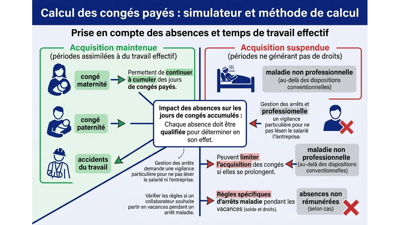 Tableau illustré séparant les absences qui génèrent des congés (maternité, accident de travail) de celles qui suspendent l'acquisition (maladie non pro, grève).